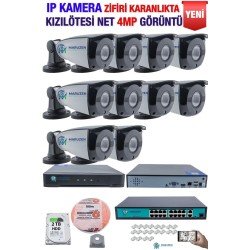 IP Kamera Seti - 10 IP Kamera - 10 Kanal NVR - 16 Port POE Switch, 2 TB Disk, Gece Görüşlü (IR)