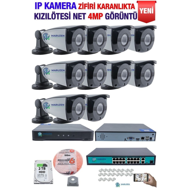 IP Kamera Seti - 10 IP Kamera - 10 Kanal NVR - 16 Port POE Switch, 2 TB Disk, Gece Görüşlü (IR) fiyat teklifi al