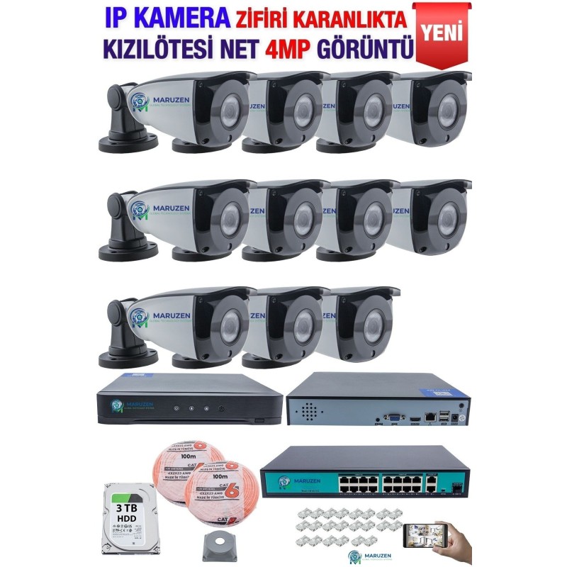IP Kamera Seti - 11 IP Kamera - 16 Kanal NVR - 16 Port POE Switch, 3 TB Disk, Gece Görüşlü (IR) fiyat teklifi al