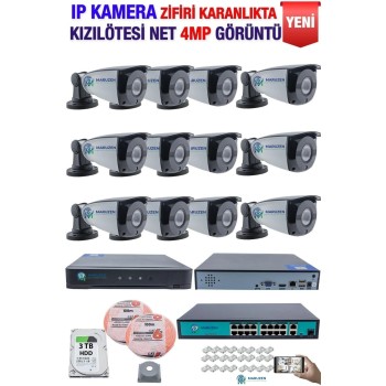 IP Kamera Seti - 12 IP Kamera - 16 Kanal NVR - 16 Port POE Switch, 3 TB Disk, Gece Görüşlü (IR)