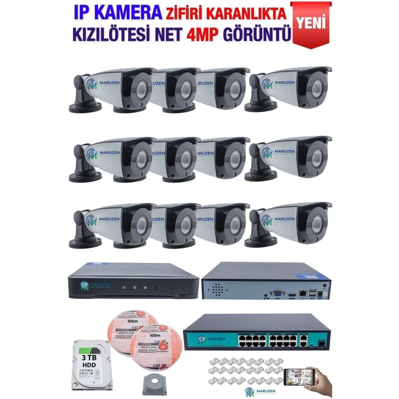IP Kamera Seti - 12 IP Kamera - 16 Kanal NVR - 16 Port POE Switch, 3 TB Disk, Gece Görüşlü (IR) fiyat teklifi al