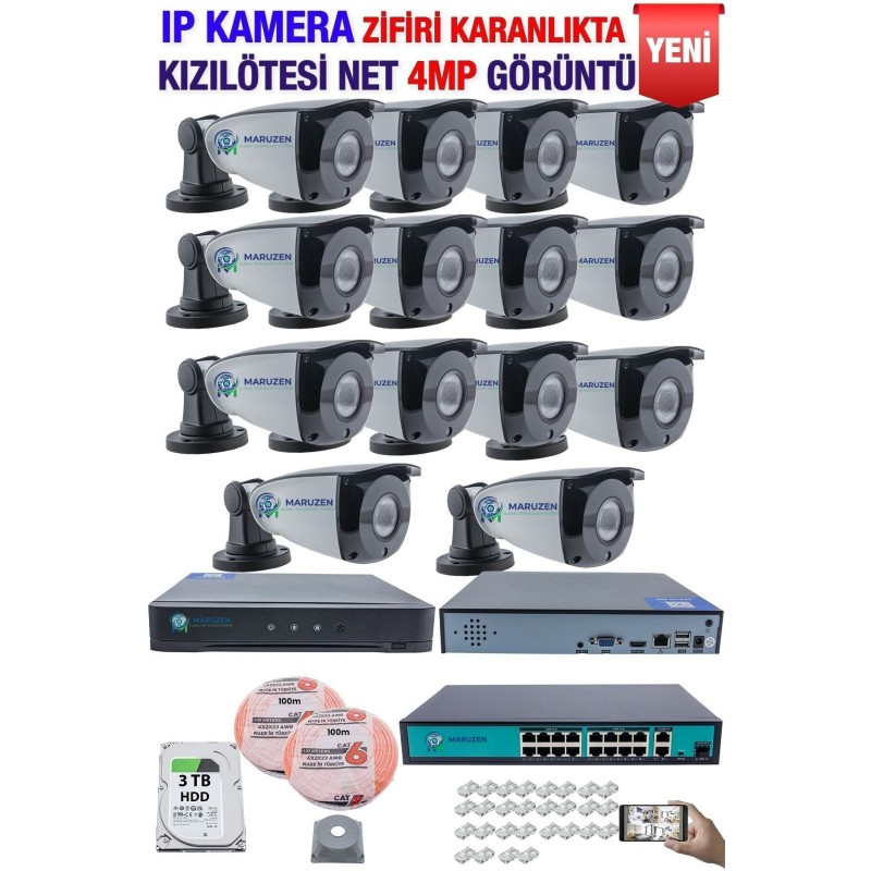 IP Kamera Seti - 14 IP Kamera - 16 Kanal NVR - 16 Port POE Switch, 3 TB Disk, Gece Görüşlü (IR) fiyat teklifi al