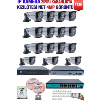 IP Kamera Seti - 15 IP Kamera - 16 Kanal NVR - 16 Port POE Switch, 3 TB Disk, Gece Görüşlü (IR)