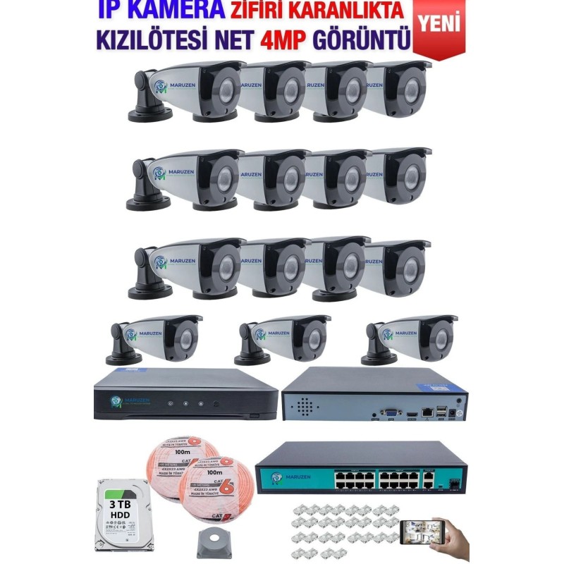 IP Kamera Seti - 15 IP Kamera - 16 Kanal NVR - 16 Port POE Switch, 3 TB Disk, Gece Görüşlü (IR) fiyat teklifi al