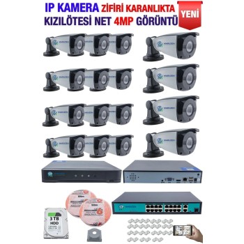 IP Kamera Seti - 16 IP Kamera - 16 Kanal NVR - 16 Port POE Switch, 3 TB Disk, Gece Görüşlü (IR)