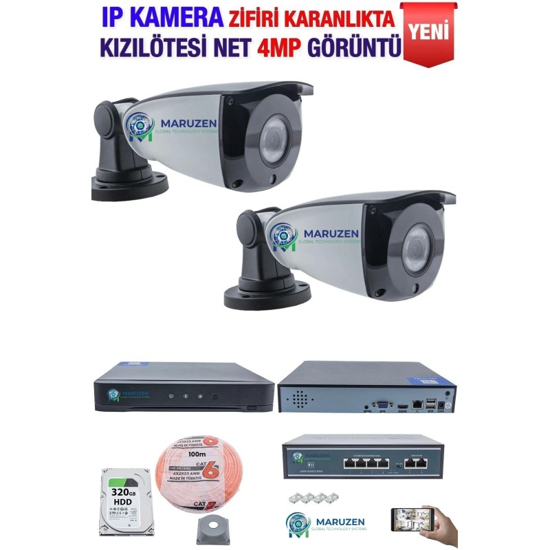 IP Kamera Seti - 2 IP Kamera -10 Kanal NVR - 4 Port POE Switch, 320 GB Disk, Gece Görüşlü (IR) fiyat teklifi al
