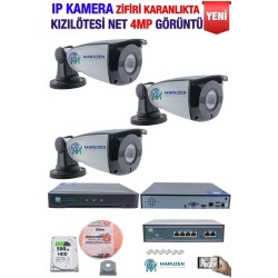 IP Kamera Seti - 3 IP Kamera -10 Kanal NVR - 4 Port POE Switch, 500 GB Disk, Gece Görüşlü (IR)