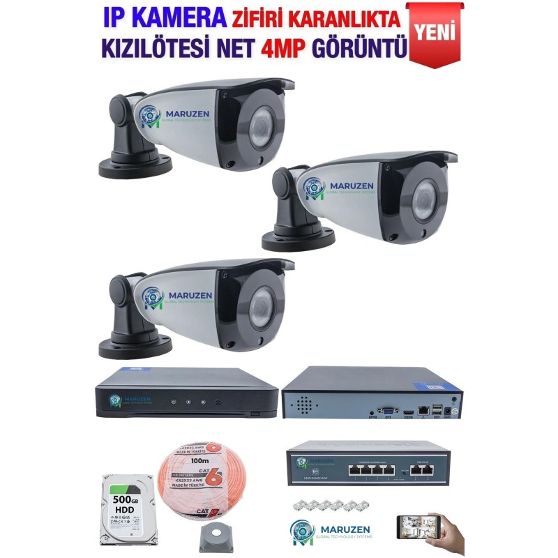 IP Kamera Seti - 3 IP Kamera -10 Kanal NVR - 4 Port POE Switch, 500 GB Disk, Gece Görüşlü (IR) fiyat teklifi al