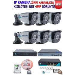 IP Kamera Seti - 6 IP Kamera - 10 Kanal NVR - 8 Port POE Switch, 1 TB Disk, Gece Görüşlü (IR)