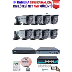 IP Kamera Seti - 8 IP Kamera - 10 Kanal NVR - 8 Port POE Switch, 2 TB Disk, Gece Görüşlü (IR)