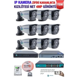 IP Kamera Seti - 9 IP Kamera - 10 Kanal NVR - 16 Port POE Switch, 2 TB Disk, Gece Görüşlü (IR)
