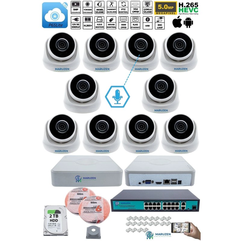 Sesli 10 Kameralı IP Dome Güvenlik Kamerası Seti 4MP Ultra HD, 30m Gece Görüş, Ses Alma, Uzaktan İzleme fiyat teklifi al