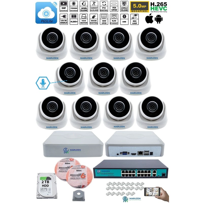 Sesli 11 Kameralı IP Dome Güvenlik Kamerası Seti 4MP Ultra HD, 30m Gece Görüş, Ses Alma, Uzaktan İzleme fiyat teklifi al