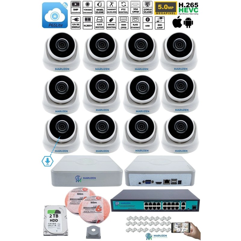 Sesli 12 Kameralı IP Dome Güvenlik Kamerası Seti 4MP Ultra HD, 30m Gece Görüş, Ses Alma, Uzaktan İzleme fiyat teklifi al