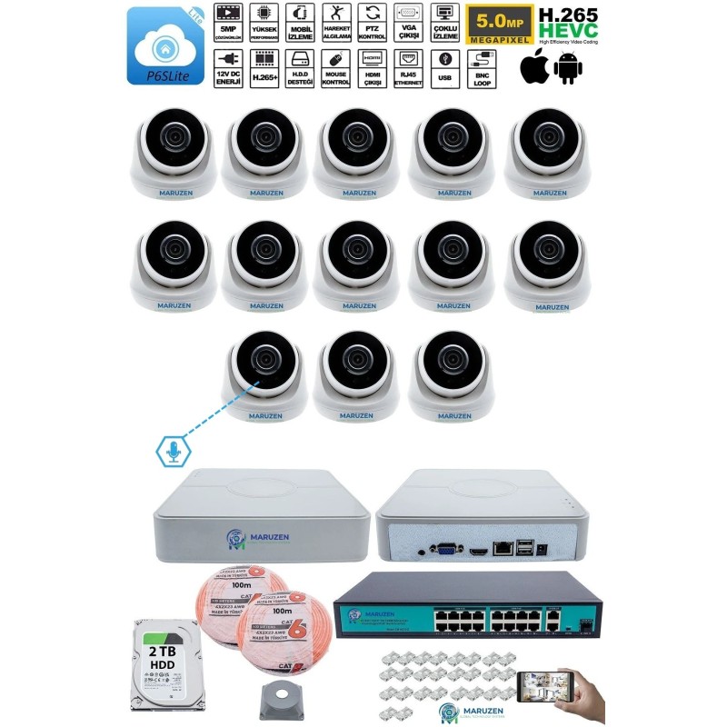 Sesli 13 Kameralı IP Dome Güvenlik Kamerası Seti 4MP Ultra HD, 30m Gece Görüş, Ses Alma, Uzaktan İzleme fiyat teklifi al