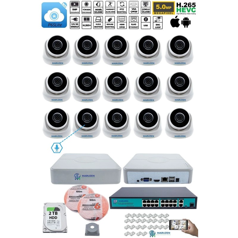 Sesli 15 Kameralı IP Dome Güvenlik Kamerası Seti 4MP Ultra HD, 30m Gece Görüş, Ses Alma, Uzaktan İzleme fiyat teklifi al