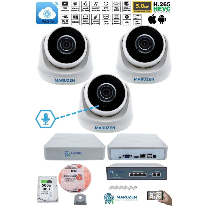 Sesli 3 Kameralı IP Dome Güvenlik Kamerası Seti 4MP Ultra HD, 30m Gece Görüş, Ses Alma, Uzaktan İzleme fiyat teklifi al
