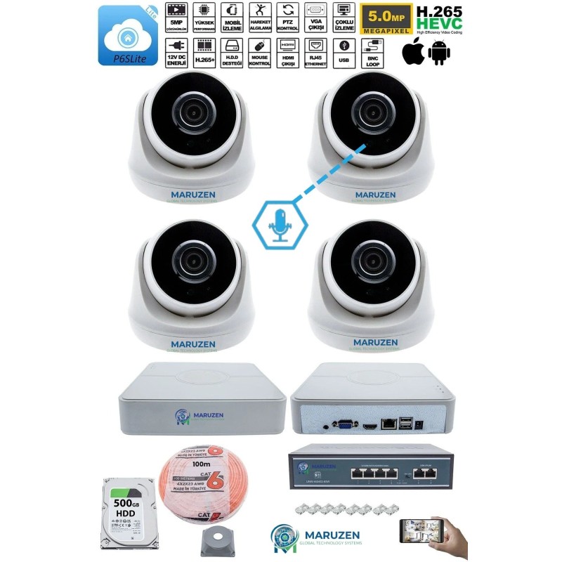 Sesli 4 Kameralı IP Dome Güvenlik Kamerası Seti 4MP Ultra HD, 30m Gece Görüş, Ses Alma, Uzaktan İzleme fiyat teklifi al