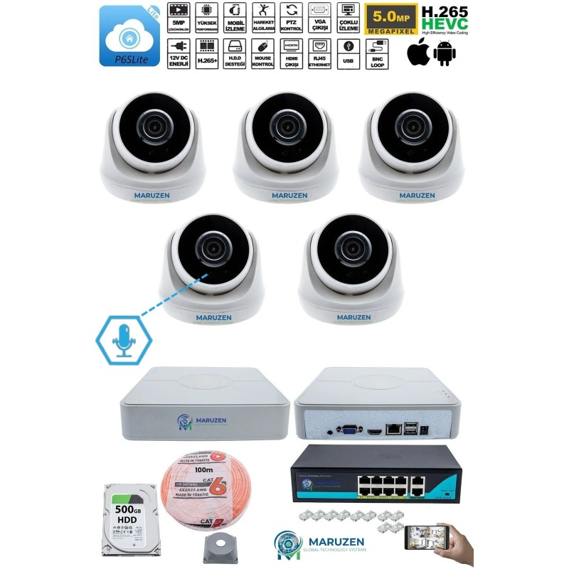 Sesli 5 Kameralı IP Dome Güvenlik Kamerası Seti 4MP Ultra HD, 30m Gece Görüş, Ses Alma, Uzaktan İzleme fiyat teklifi al