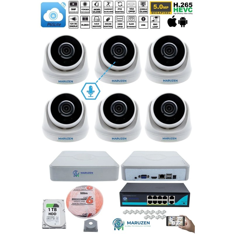Sesli 6 Kameralı IP Dome Güvenlik Kamerası Seti 4MP Ultra HD, 30m Gece Görüş, Ses Alma, Uzaktan İzleme fiyat teklifi al