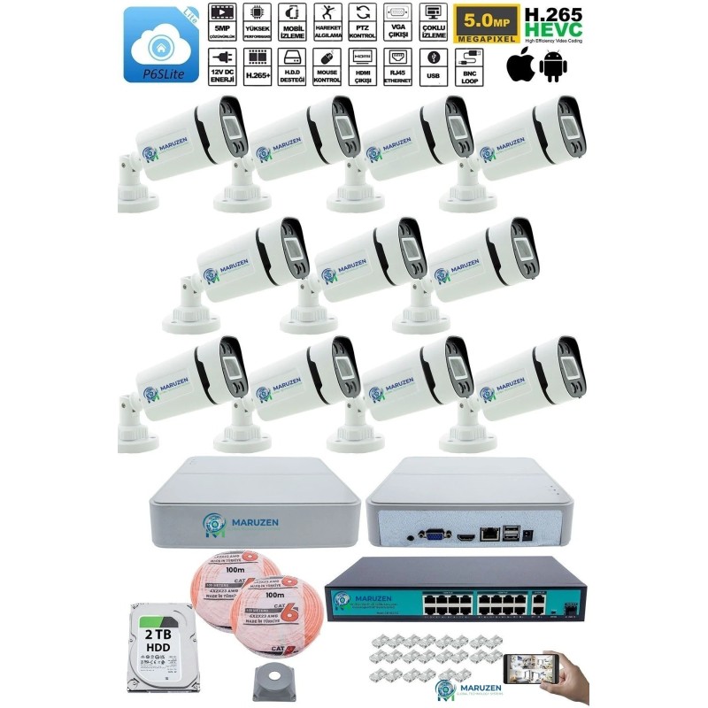11 Kameralı Güvenlik IP Kamera Seti - 4MP Dış Mekan Kamera, 3.6mm Lens, H.265+, PoE, 2TB HDD fiyat teklifi al