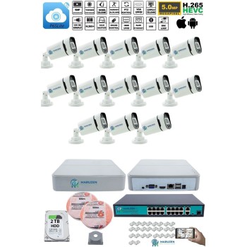 13 Kameralı Güvenlik IP Kamera Seti - 4MP Dış Mekan Kamera, 3.6mm Lens, H.265+, PoE, 2TB HDD