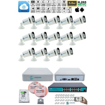 14 Kameralı Güvenlik IP Kamera Seti - 4MP Dış Mekan Kamera, 3.6mm Lens, H.265+, PoE, 2TB HDD