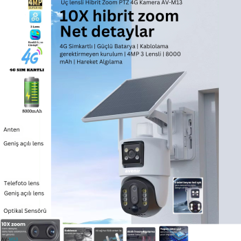 Avenir AV-M13 PRO 4MP 3 LENSLİ 4G Simkartlı 10X ZOOM İNSAN ALGILAMA GÜNEŞ PANELLİ DÖNEBİLEN KAMERA