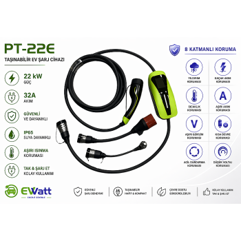 Ewatt PT-22E 22KW 3.5kw Dönüşümlü Taşınabilir Elektrikli Araç Şarj Cihazı