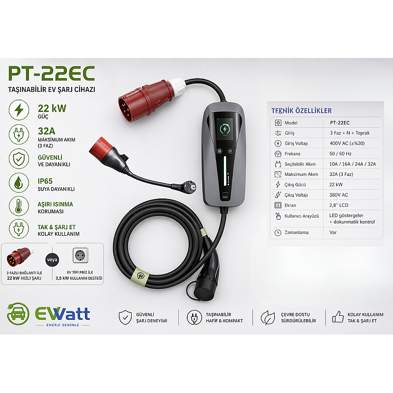 EWatt 22 kW Portatif Şarj Cihazı Taşınabilir Elektrikli Araç Bireysel Kullanım Şarj Cihazı fiyat teklifi al