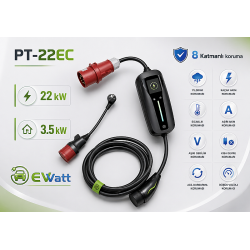 Ewatt PT-22EC 22 kW Portatif Şarj Cihazı Taşınabilir Elektrikli Araç Bireysel Kullanım Şarj Cihazı