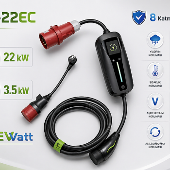 Ewatt PT-22EC 22 kW Portatif Şarj Cihazı Taşınabilir Elektrikli Araç Bireysel Kullanım Şarj Cihazı