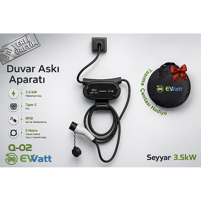 Ewatt Q-02 3.5 kW Taşınabilir Elektrikli Araç Şarj Cihazı Portatif Type 2 Bireysel Kullanım Şarj Cihazı fiyat teklifi al