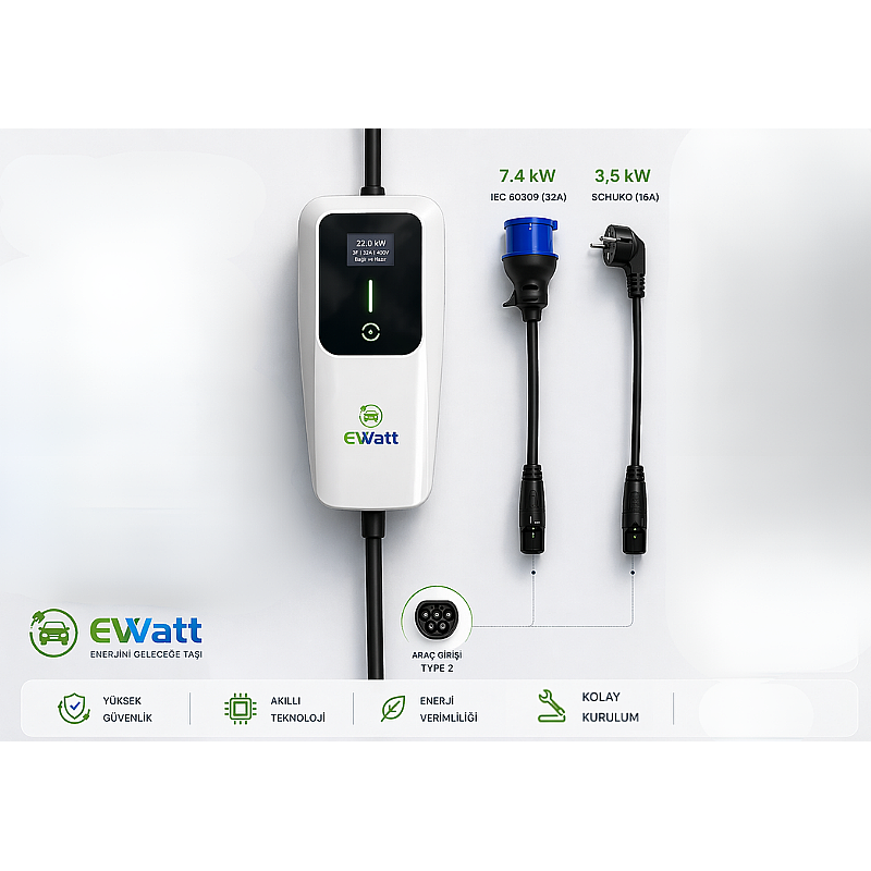 Ewatt PT-7.4E 7.4 kW Portatif Elektrikli Araç Şarj Cihazı 32A Type 2 Şarj fiyat teklifi al