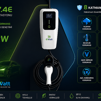 Ewatt PT-7.4E 7.4 kW Portatif Elektrikli Araç Şarj Cihazı 32A Type 2 Şarj