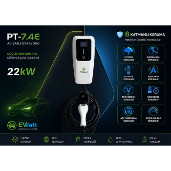 Ewatt PT-7.4E 7.4 kW Portatif Elektrikli Araç Şarj Cihazı 32A Type 2 Şarj