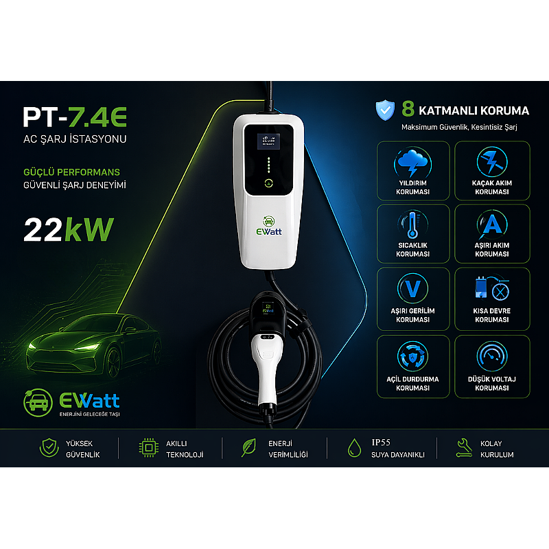 Ewatt PT-7.4E 7.4 kW Portatif Elektrikli Araç Şarj Cihazı 32A Type 2 Şarj fiyat teklifi al