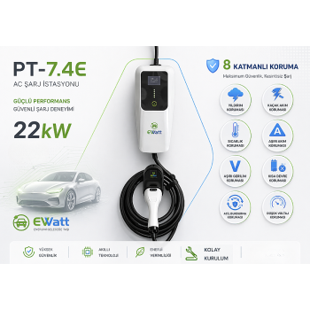 Ewatt PT-7.4E 7.4 kW Portatif Elektrikli Araç Şarj Cihazı 32A Type 2 Şarj