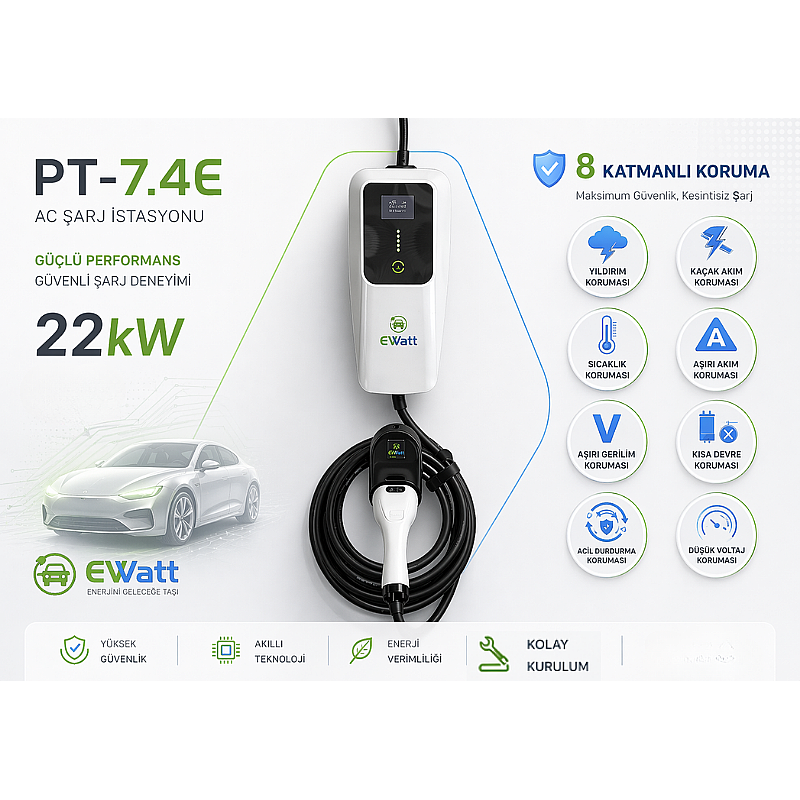Ewatt PT-7.4E 7.4 kW Portatif Elektrikli Araç Şarj Cihazı 32A Type 2 Şarj fiyat teklifi al