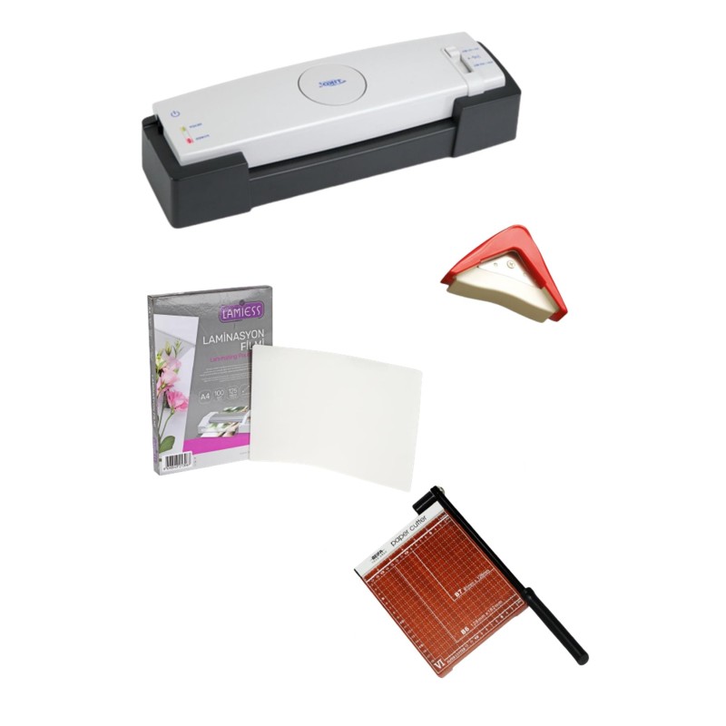 Laminasyon Makinesi+Malzemesi+Giyotin+Köşe Kesme Aparatı 4'Lü Set fiyat teklifi al