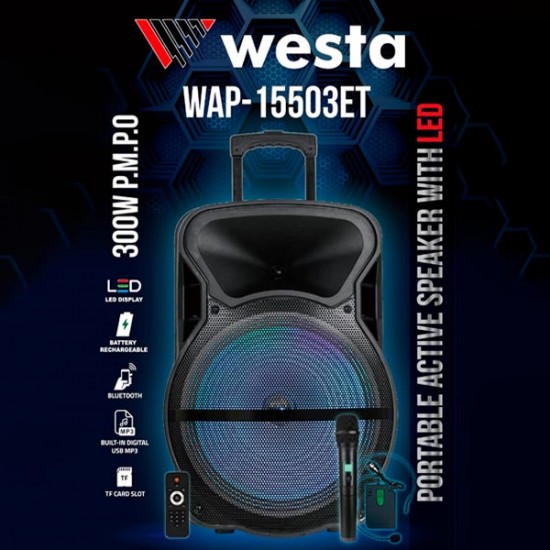WESTA WAP-15503ET 15 USB-SD-BLUETOOTH-UKLI (1 EL-1 YAKA MİK.) 300W AKTİF SEYYAR HOP