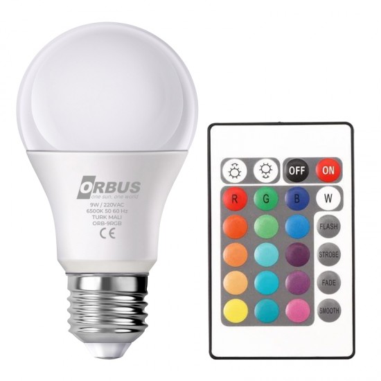 ORBUS 9W 6500K 800 LUMEN KUMANDALI RGB IŞIK E27 LED AMPUL