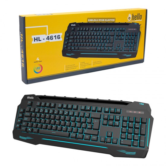 HELLO HL-4616 4 MAKRO TUŞLU 3 RENK IŞIKLI KABLOLU GAMING OYUNCU KLAVYE