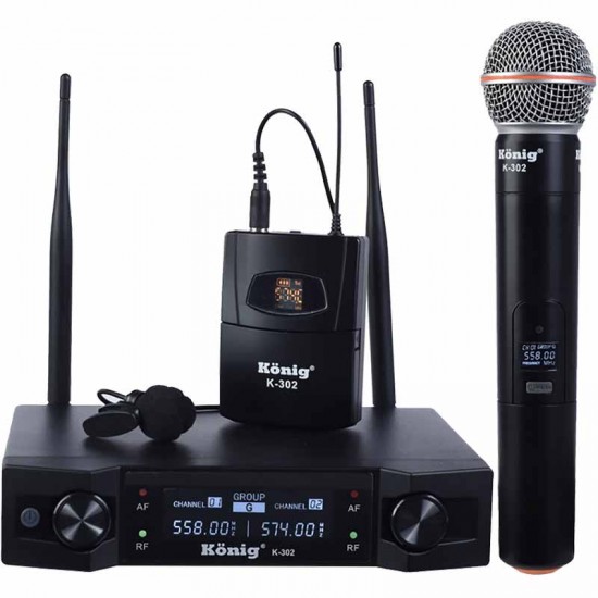 KÖNİG K-302-UHF-SABİT-ÇİFT KANAL 1 EL + 1 YAKA TELSİZ MİKROFON