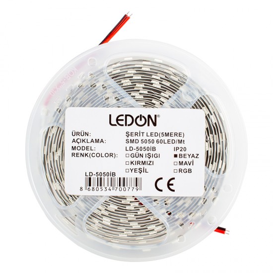 LED ŞERİT 3 ÇİPLİ BEYAZ İÇ MEKAN SİLİKONSUZ 60 LED 5 METRE FİYATI POWERMASTER (5050)