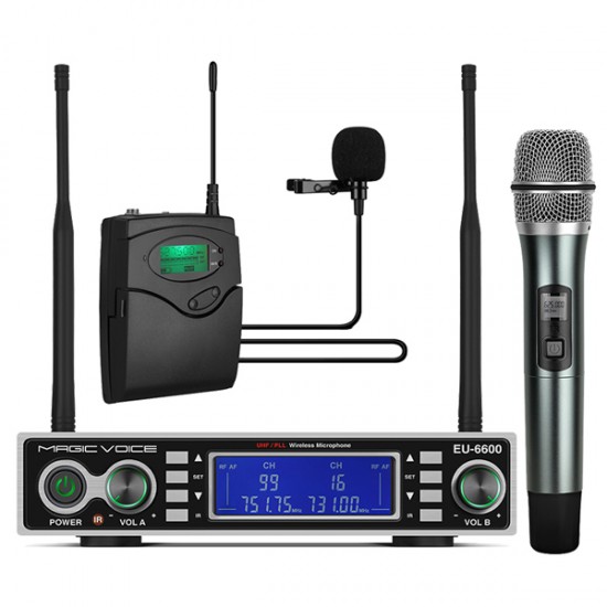 MAGICVOICE MV-1200YE UHF ÇİFT TUNER 1 EL + 1 YAKA KABLOSUZ TELSİZ MİKROFON