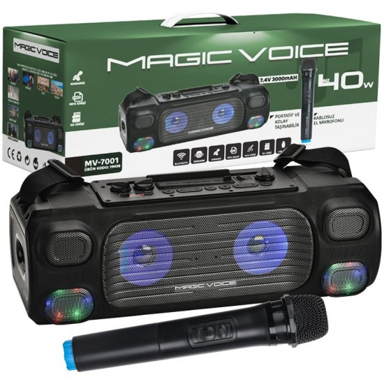 MAGICVOICE MV-7001 VHF EL MİK USB/SD/BT40 WATT IŞIKLI TAŞINABİLİR ŞARJLI  SEYYAR ANFİ