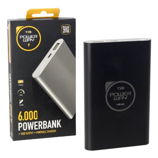 POWERWAY TX-6 6000 MAH SİYAH SLİM METAL KASA POWERBANK